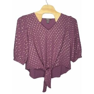 Olivia & Martin blouse womens size‎ 1X purple boho boxy V Neck Tie Front gold